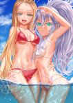  2girls arm_around_waist arm_up bikini blonde_hair blue_sky blush breasts closed_mouth cloud cloudy_sky commentary day elf green_eyes groin half-closed_eyes halterneck highres kein_hasegawa long_hair looking_at_viewer medium_breasts multi-strapped_bikini multiple_girls navel open_mouth original outdoors partially_underwater_shot pointy_ears ponytail red_bikini shading_eyes side-by-side sky smile standing swimsuit very_long_hair water white_bikini white_hair yellow_eyes 