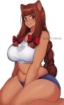  1girl animal_ear_fluff animal_ears animal_nose artist_name bear_ears blue_shorts borrowed_character bow breasts brown_eyes cropped_shirt english_commentary furry furry_female hair_bow highres kneeling large_breasts looking_at_viewer looking_to_the_side navel nsfwolf original parted_lips plump red_bow shirt short_shorts shorts sidelocks smile solo thick_thighs thighs white_background white_shirt 