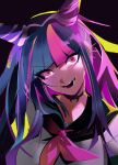  1girl absurdres black_choker blue_hair breasts choker danganronpa_(series) danganronpa_2:_goodbye_despair hair_horns highres large_breasts lip_piercing long_hair looking_at_viewer mioda_ibuki mouth_piercing nem_graphics open_mouth piercing pink_eyes pink_hair scar school_uniform serafuku smile teeth white_hair 