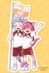  1boy 1girl animal_ears arm_around_waist artist_name bandaid bandaid_on_leg bangs blush bob_cut cat_boy cat_day cat_ears cat_girl cat_tail closed_eyes fangs flag full_body grey_hair highres holding holding_flag kemonomimi_mode krudears open_mouth pink_hair pink_ribbon protagonist_(tokimemo_gs3) red_shorts ribbon shitara_seiji short_hair short_sleeves shorts smile tail tokimeki_memorial tokimeki_memorial_girl&#039;s_side_3rd_story twitter_username waving white_footwear 