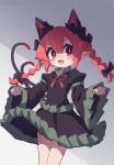  1girl :d absurdres animal_ears black_bow blush bow bowtie braid cat_ears cat_tail extra_ears fang highres kaenbyou_rin looking_at_viewer mr.turtle_head multiple_tails no_nose one-hour_drawing_challenge open_mouth pointy_ears puffy_sleeves red_bow red_bowtie red_eyes red_hair shadow slit_pupils smile solo tail touhou twin_braids two_tails 