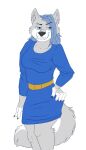  anthro blue_clothing blue_dress blue_hair clothing dress female fluffy fluffy_tail fur gold_belt grey_body grey_fur hair solo steelfox tail 