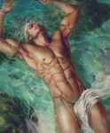  1boy abs absurdres aenaluck bara completely_nude covering covering_crotch facial_hair fish grey_hair highres large_pectorals lying male_focus master_(aenaluck) muscular muscular_male navel nipples nude on_back original partially_submerged pectorals short_hair smile solo thick_thighs thighs water 