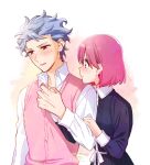  1boy 1girl artist_name bangs blue_dress blush bob_cut collared_dress collared_shirt couple dated dress grey_hair hetero holding_hands interlocked_fingers krudears long_sleeves looking_at_another parted_lips pink_hair pink_sweater protagonist_(tokimemo_gs3) red_eyes shirt shitara_seiji short_hair smile sweater sweater_vest tokimeki_memorial tokimeki_memorial_girl&#039;s_side_3rd_story twitter_username upper_body white_shirt 