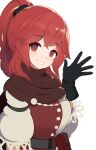  anna_(fire_emblem) black_gloves brown_scarf child female_child fire_emblem fire_emblem_engage frilled_sleeves frills gloves high_ponytail highres jacket kocha_(jgug7553) long_hair long_sleeves looking_at_viewer multicolored_clothes ponytail red_eyes red_hair scarf smile waving 
