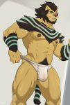  2023 abs amber_eyes anthro arm_support barazoku beard biceps brown_hair bulge chest_tuft facial_hair fangs felid final_fantasy final_fantasy_xiv fur hair hrothgar male mammal muscular muscular_anthro nipples open_mouth pecs pinup portrait pose pubes pulling_underwear quads sharp_teeth solo square_enix standing tan_body tan_fur teeth three-quarter_portrait triceps tuft whiskers wolfybuns 