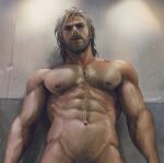  1boy abs absurdres aenaluck artist_name bara chest_hair completely_nude facial_hair grey_hair highres large_pectorals looking_at_viewer male_focus male_pubic_hair master_(aenaluck) muscular muscular_male navel nipples nude original parted_lips pectorals pubic_hair short_hair shower_(place) showering solo upper_body wet wet_hair 