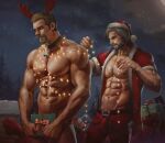  2boys abs aenaluck antlers audec_(aenaluck) bara bare_pectorals beard bell belt black_belt blonde_hair box christmas_lights completely_nude covering covering_crotch cowbell facial_hair gift gift_box grey_hair hat holding holding_gift large_pectorals looking_at_another male_focus master_(aenaluck) multiple_boys muscular muscular_male navel night night_sky nipples nude open_clothes open_shirt original outdoors pants pectorals red_pants red_shirt reindeer_antlers santa_costume santa_hat shirt short_hair sky snowing 