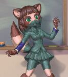  anthro black_bottomwear black_clothing black_shorts blue_clothing blue_shirt blue_topwear blush bodily_fluids bottomwear breasts brown_body brown_fur brown_hair canid canine chalk chalkboard clothed clothing digital_media_(artwork) female fur green_eyes hair hi_res inner_ear_fluff mammal necktie nonnoko_nonko petrification raccoon_dog red_bottomwear red_clothing red_necktie red_skirt school_uniform shirt shorts skirt solo student sweat tanuki topwear tuft uniform 