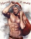  1boy abs absurdres aenaluck bara belt brown_belt chest_hair closed_mouth facial_hair grey_hair hat highres holding holding_sack large_pectorals male_focus master_(aenaluck) merry_christmas muscular muscular_male navel navel_hair nipples original pectorals sack santa_hat short_hair signature simple_background solo topless_male upper_body 