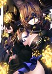  1girl absurdres animal_ears black_dress black_nails blindfold blue_hair breasts brown_hair center_opening chain cleavage cleavage_cutout clothing_cutout dress galleon_(granblue_fantasy) granblue_fantasy highres multicolored_hair pointy_ears signature smile solo two-tone_hair yoake 