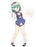  2girls arms_behind_back ass_visible_through_thighs bangs black_bra black_footwear black_panties blue_headwear blue_vest blush bow bow_bra bow_panties bra breasts buttons chibi chibi_inset clenched_teeth commentary_request frilled_hat frills full_body green_hair groin hair_between_eyes hat heart hekkmushi highres long_sleeves mary_janes medium_breasts multiple_girls no_pants onozuka_komachi open_clothes open_vest panties pigeon-toed shiki_eiki shirt shoes short_hair simple_background socks solo_focus teeth touhou underwear vest white_background white_blindfold white_shirt 
