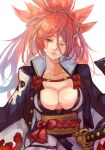  1girl amputee baiken big_hair black_jacket black_kimono blue_eyes breasts facial_tattoo guilty_gear guilty_gear_strive highres jacket jacket_on_shoulders japanese_clothes katana kimono large_breasts levvellevvel long_hair long_sleeves looking_at_viewer multicolored_clothes multicolored_kimono one-eyed pink_hair ponytail samurai sash scar scar_across_eye sword tattoo torn_sleeve weapon white_kimono 