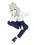  1girl ahoge black_pants breasts commentary crossed_legs full_body grey_eyes grey_hair hand_on_hip head_rest highres invisible_chair kamo_kamen medium_breasts original pale_skin pants ponytail shoes sitting sneakers solo turtleneck 