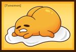  2023 absurd_res big_butt butt egg egg_yolk food food_creature glistening glistening_butt gudetama hi_res huge_butt lying male not_furry on_front sanrio simple_background solo tunemon yellow_background yellow_body yellow_butt 