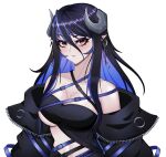  1girl 774_inc. bangs belt black_bandeau black_belt black_hair black_jacket black_skirt blue_belt blue_hair blush breasts brown_eyes chest_belt cleavage closed_mouth collarbone commentary curled_horns demon_girl demon_horns earrings english_commentary grey_horns hair_between_eyes hebiyoi_tier horns jacket jewelry large_breasts long_hair long_sleeves looking_at_viewer multicolored_hair navel off_shoulder open_clothes open_jacket pendramon pointy_ears sidelocks simple_background skirt solo sugar_lyric two-tone_hair underboob upper_body v-shaped_eyebrows virtual_youtuber white_background 