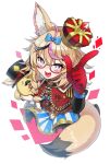  +_+ 1girl :d absurdres animal_ear_fluff animal_ears black_hair blonde_hair blue_bow blush bow capelet crown facial_mark fox_ears fox_tail from_above glasses gloves hair_bow hair_ornament highres hololive long_sleeves multicolored_hair omaru_polka pink_hair purple_eyes red_capelet red_gloves single_glove skirt smile solo streaked_hair striped striped_skirt sui_hi_sf tail virtual_youtuber x_hair_ornament zain_(omaru_polka) 