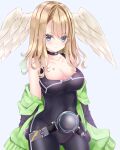  1girl bangs bare_shoulders black_bodysuit black_jacket blue_background blue_eyes blush bodysuit breasts brown_hair cleavage closed_mouth collarbone eunie_(xenoblade) feathered_wings hair_between_eyes head_wings highres jacket looking_at_viewer medium_breasts nanase_nao off_shoulder open_clothes open_jacket simple_background solo wavy_mouth white_wings wings xenoblade_chronicles_(series) xenoblade_chronicles_3 
