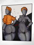  big_butt border bottomless breasts butt clothed clothed/nude clothing criminalbunnydraws duo faceless_character female glistening glistening_body grey_body hand_on_hip hi_res humanoid machine metallic_body nude robot robot_humanoid the_twins_(atomic_heart) thick_thighs wide_hips 