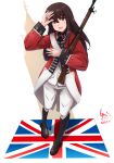  1girl akagi_(kancolle) alternate_costume boots brown_eyes brown_footwear brown_hair coat commission full_body gun highres kantai_collection ld_(luna_dial398) long_hair long_sleeves military military_uniform pants red_coat rifle sash sidelocks skeb_commission solo standing straight_hair uniform union_jack weapon white_pants white_sash 