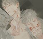  2boys blood blood_on_face blood_on_hands closed_eyes expressionless grey_background grey_hair grey_shirt hair_between_eyes hand_on_own_face highres male_focus mgong520 multiple_boys open_clothes open_shirt original red_eyes shirt short_hair sketch upper_body 