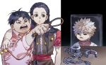  3boys angry annoyed arm_around_shoulder bangs between_fingers black_hair brothers chain chair cuffs expressionless hair_slicked_back holding holding_nail holding_weapon holding_whip hunter_x_hunter illumi_zoldyck killua_zoldyck long_hair long_sleeves male_focus meme milluki_zoldyck mr-study multiple_boys nail open_mouth outstretched_arm parted_bangs pink_shirt shackles shirt short_sleeves shouting siblings spiked_hair split_screen table turtleneck upper_body weapon white_background white_hair woman_yelling_at_cat_(meme) 