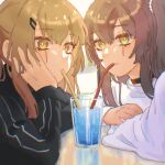  2girls black_shirt brown_eyes brown_hair choker commentary_request drinking drinking_straw drinking_straw_in_mouth girls&#039;_frontline glass hair_ornament hand_on_own_face highres looking_at_viewer multiple_girls official_alternate_costume one_side_up scar scar_across_eye sekiko_(dr11034) shared_drink shirt smile table ump45_(girls&#039;_frontline) ump9_(girls&#039;_frontline) upper_body white_shirt 
