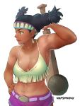  1girl abs aged_up alternate_costume black_hair breasts bunches cleavage club_(weapon) commentary crop_top cutoffs dark-skinned_female dark_skin english_commentary hand_on_hip headband holding holding_club holding_weapon large_breasts lily_(street_fighter) long_hair midriff muscular muscular_female native_american navel over_shoulder purple_shorts quasimodox shorts solo spaghetti_strap street_fighter street_fighter_6 tan tanlines tassel twintails weapon weapon_over_shoulder 