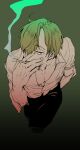  1boy blonde_hair cigarette downblouse formal gradient_hair hair_over_one_eye hand_in_pocket looking_up multicolored_hair one_piece pectoral_cleavage pectorals sanji_(one_piece) smoke smoking solo suit tsukemaru veins veiny_hands 