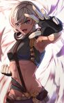 1girl :d abs arm_up armpits bangs bare_shoulders black_gloves black_shirt black_shorts breasts clenched_hand commentary cowboy_shot crop_top dark-skinned_female dark_skin earclip earrings fiorito_(granblue_fantasy) gloves granblue_fantasy grey_eyes grey_hair groin hair_ornament highres jewelry looking_at_viewer midriff navel open_mouth rizzy shirt short_hair short_shorts shorts sidelocks sleeveless sleeveless_shirt small_breasts smile solo standing 