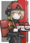  1girl absurdres armor box bulletproof_vest chibi english_text food green_hair grey_jacket grey_pants gun h&amp;k_mp5k helmet highres holding holding_box jacket long_sleeves looking_at_viewer military military_helmet military_uniform original pants pizza pizza_box pizza_slice red_eyes red_headwear solo srtdrawart submachine_gun suppressor uniform weapon 