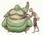 2020 anthro apron arthropod belly belt big_belly bottomwear cettus chubby_cheeks clothed clothing double_chin dressing duo female grasshopper green_body green_skin hi_res holding_object huge_belly husband_and_wife insect male married_couple morbidly_obese morbidly_obese_anthro morbidly_obese_female obese obese_anthro obese_female orthopterid overweight overweight_anthro overweight_female pants shorts simple_background size_difference slim tan_body tan_skin thick_thighs topless white_background 
