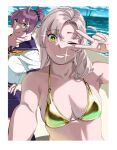  2girls absurdres alternate_costume aoba_(kancolle) armpits bare_shoulders bikini border finger_to_own_chin gold_bikini green_eyes grin hair_between_eyes highres kantai_collection kinugasa_(kancolle) long_hair looking_at_viewer midriff multiple_girls neckerchief ocean ojipon one_eye_closed outdoors pink_hair sand selfie smile sparkle swimsuit teeth tongue tongue_out v white_border yellow_neckerchief 