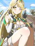  1girl ;) bangs bare_shoulders blonde_hair blue_sky blush breasts cleavage cleavage_cutout closed_mouth clothing_cutout cloud commentary_request day double_v dress elbow_gloves feet_out_of_frame gloves hands_up headpiece highres knees_up large_breasts long_hair looking_at_viewer mythra_(xenoblade) one_eye_closed outdoors sitting sky sleeveless sleeveless_dress smile solo swept_bangs taka_p_(zelda27th) thigh_strap v very_long_hair white_dress white_gloves xenoblade_chronicles_(series) xenoblade_chronicles_2 yellow_eyes 