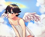  1boy absurdres alternate_costume angel angel_wings bangs black_hair blush cloud collarbone commentary_request day hair_between_eyes halo highres leaning_forward looking_at_viewer male_focus outdoors parted_lips pokemon red_(pokemon) short_hair sky solo strap_slip wanichi wings 