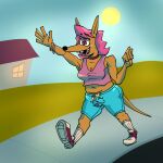  after_transformation anthro bandicoot bulge clothing clothing_transformation duo gynomorph hair intersex mammal marsupial pink_hair queenlem trans_(lore) transformation 