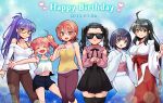  1boy 5girls ahoge bangs black_hair black_shorts black_skirt black_thighhighs boku_to_kimi_no_natsuyasumi breasts brown_eyes brown_pants camisole character_request cleavage closed_mouth clothing_cutout commentary_request crossdressing dated feet_out_of_frame flat_chest green_eyes happy_birthday heart high_ponytail ichijou_kaede japanese_clothes kimono kosui_saya large_breasts long_hair looking_at_viewer medium_breasts miko multiple_girls navel obi off-shoulder_shirt off_shoulder one_side_up open_mouth orange_hair own_hands_together pants pink_hair pink_sash pink_shirt sash shirt short_hair shorts shoulder_cutout side_ponytail skirt small_breasts smile sunglasses syamu_game thea_schmid thighhighs tokiwa_ayame tokiwa_momo twintails white_kimono white_shirt yawata_kiyori yellow_camisole 