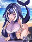  absurdres ahoge animal_ears beach bell belt_collar black_hair blue_collar body_markings breast_grab breasts cetacean_tail cleavage collar facial_mark fins fish_tail grabbing grabbing_own_breast heart heart_ahoge highres indie_virtual_youtuber jingle_bell large_breasts long_hair looking_at_viewer multicolored_hair one-piece_swimsuit open_mouth orca_girl prim_(prim_0104) purple_eyes sand shylily smile solo streaked_hair swimsuit tail thigh_strap virtual_youtuber water white_hair white_one-piece_swimsuit 