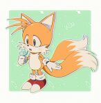  1boy animal_ears animal_nose banri_0917 body_fur border candy chromatic_aberration commentary_request food fox_boy fox_ears fox_tail full_body furry furry_male gloves green_background grey_eyes holding holding_candy holding_food holding_lollipop korean_commentary lollipop male_focus multiple_tails open_mouth outside_border red_footwear shoes simple_background solo sonic_(series) sonic_the_hedgehog_(classic) standing tail tails_(sonic) two_tails white_border white_gloves 