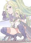  1girl 6+boys absurdres ahoge belt boots cape cloak fire_emblem giant giantess gloves green_hair highres multiple_boys nowi_(fire_emblem) pants pointy_ears ponytail purple_cloak purple_eyes seo_tatsuya squatting thighhighs thighs twitter_username 