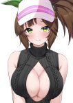 1girl animal_ears breasts brown_hair cleavage commentary commission freckles green_eyes herohero_(higashi_no_dou) highres horse_ears ines_fujin_(umamusume) large_breasts looking_at_viewer portrait simple_background skeb_commission sleeveless smile solo umamusume visor_cap white_background 