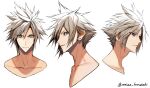  1boy blonde_hair blue_eyes cloud_strife collarbone cropped_shoulders earrings expressions final_fantasy final_fantasy_vii final_fantasy_vii_remake furrowed_brow highres jewelry legacy_zechs looking_at_viewer male_focus multiple_views parted_lips portrait short_hair single_earring solo spiked_hair twitter_username white_background 