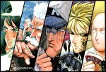  1girl 5boys bald bang_(one-punch_man) black_sclera blonde_hair blue_eyes bomb_(one-punch_man) book brothers clenched_hand colored_sclera column_lineup commentary cyborg dirty dirty_face english_commentary facial_hair fubuki_(one-punch_man) genos goatee green_eyes green_hair grey_eyes hat highres holding holding_book hood jigme_tenzin_wangchuk king_(one-punch_man) multiple_boys mustache old old_man one-punch_man saitama_(one-punch_man) scar scar_across_eye serious siblings twitter_username v-shaped_eyebrows white_hair yellow_eyes 
