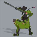  1_eye 2022 absurd_res ambiguous_gender antennae_(anatomy) armless armor artist_name biped breastplate butt cannon crouching flat_colors full-length_portrait green_armor green_body grey_background gun head_cannon hi_res living_machine looking_at_viewer looking_back looking_back_at_viewer machine methados pink_eyes pink_light portrait ranged_weapon rear_view robot sentry_(ultrakill) shadow simple_background solo toeless_feet ultrakill weapon 