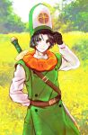  1boy 39cva adjusting_clothes adjusting_headwear arm_behind_back bangs belt black_gloves blue_eyes blue_hair brown_belt buttons clift coat cowboy_shot double-breasted dragon_quest dragon_quest_iv gloves green_coat light_blush light_smile long_sleeves looking_to_the_side male_focus orange_scarf outdoors parted_bangs scarf sheath sheathed shirt short_hair sleeveless_coat solo sword undershirt weapon weapon_on_back white_shirt 