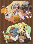  2boys alternate_costume applin apron arven_(pokemon) black_vest blonde_hair brown_apron canvas_(object) closed_mouth clothed_pokemon collared_shirt commentary_request food gible green_eyes hair_over_one_eye hassel_(pokemon) highres holding holding_paintbrush holding_plate mabosstiff male_focus min_(myna8247) multiple_boys necktie one_eye_closed paintbrush painting_(action) pants plate pokemon pokemon_(creature) pokemon_(game) pokemon_sv ponytail purple_necktie purple_pants shirt sparkle standing steam vest white_shirt yellow_apron 