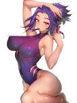  1girl abs adjusting_hair bare_shoulders bodysuit boku_no_hero_academia breasts collarbone commentary covered_navel covered_nipples curvy fumio_(rsqkr) highres knee_up lady_nagant large_breasts leotard looking_at_viewer multicolored_hair muscular muscular_female obliques parted_lips pink_hair purple_eyes purple_hair short_hair skin_tight sleeveless solo thick_thighs thighs toned white_background 