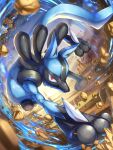  absurdres blurry blurry_foreground cloud commentary_request desert full_body highres looking_at_viewer lucario outdoors pokemon pokemon_(creature) red_eyes ririri_(user_rkrv7838) rock sky solo 