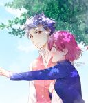  1boy 1girl artist_name bangs blue_jacket blush bob_cut breasts collared_shirt grey_hair hair_between_eyes holding_another&#039;s_arm jacket krudears light_smile long_sleeves looking_at_another medium_breasts open_mouth outdoors pink_hair pink_sweater_vest pointing protagonist_(tokimemo_gs3) purple_eyes red_eyes shirt shitara_seiji short_hair smile sweater_vest tokimeki_memorial tokimeki_memorial_girl&#039;s_side_3rd_story tree twitter_username upper_body white_shirt 