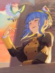  1girl animal animal_on_head aoisu_ao bad_hands bangs bird bird_on_head blue_hair blush braid buttons closed_eyes cloud commentary crown_braid fire_emblem fire_emblem:_three_houses flying garreg_mach_monastery_uniform highres juliet_sleeves long_sleeves marianne_von_edmund on_head orange_sky puffy_sleeves short_hair sidelocks sky smile teeth uniform upper_teeth_only 